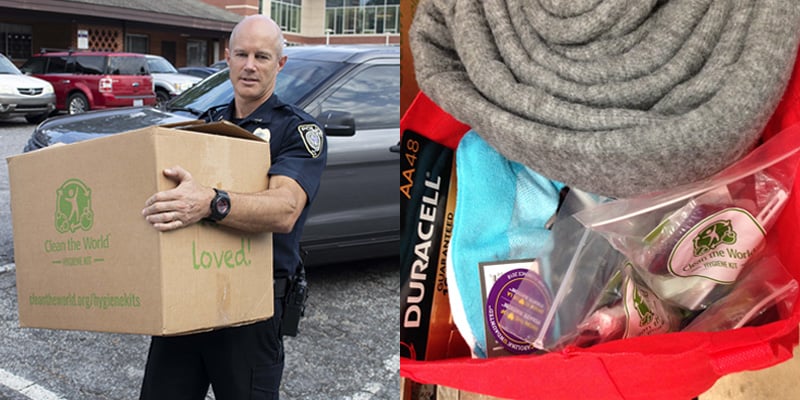 Local police in North Carolina help Eastern Carolina University distribute Clean the World Foundation's hygiene kits to those affected by Hurricane Florence