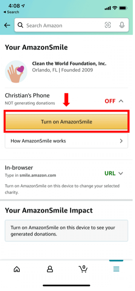Screenshot of how to turn on AmazonSmile on your Amazon mobile app