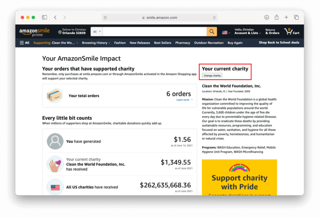 Screenshot showing how to change/select a charity for AmazonSmile