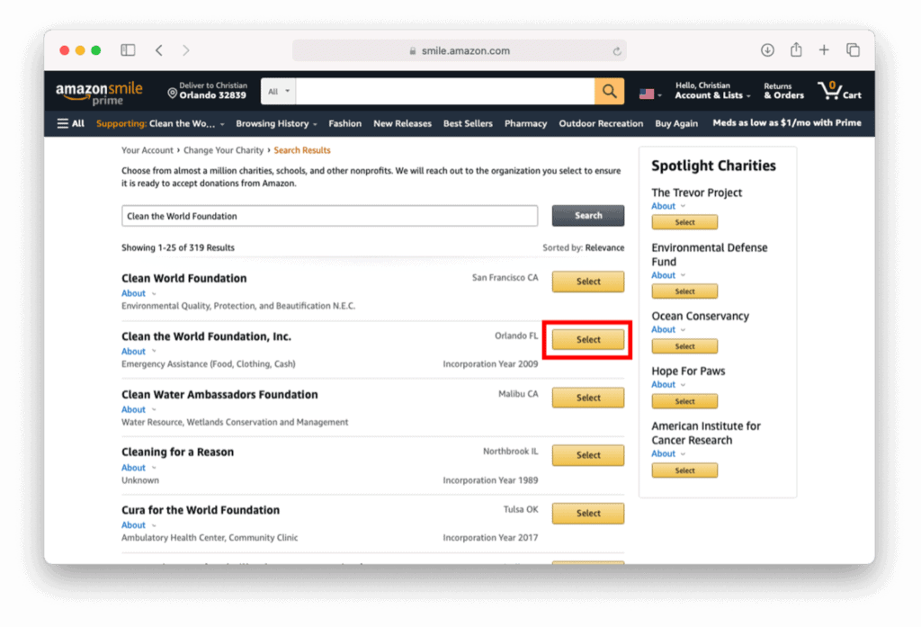Screenshot of Clean the World Foundation listed on a list of charities on AmazonSmile